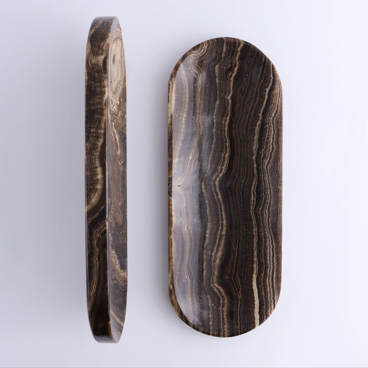 Chocolate Onyx Oval Dish with swirling wood grain by The Faire, handcrafted decorative accent for dining or display.