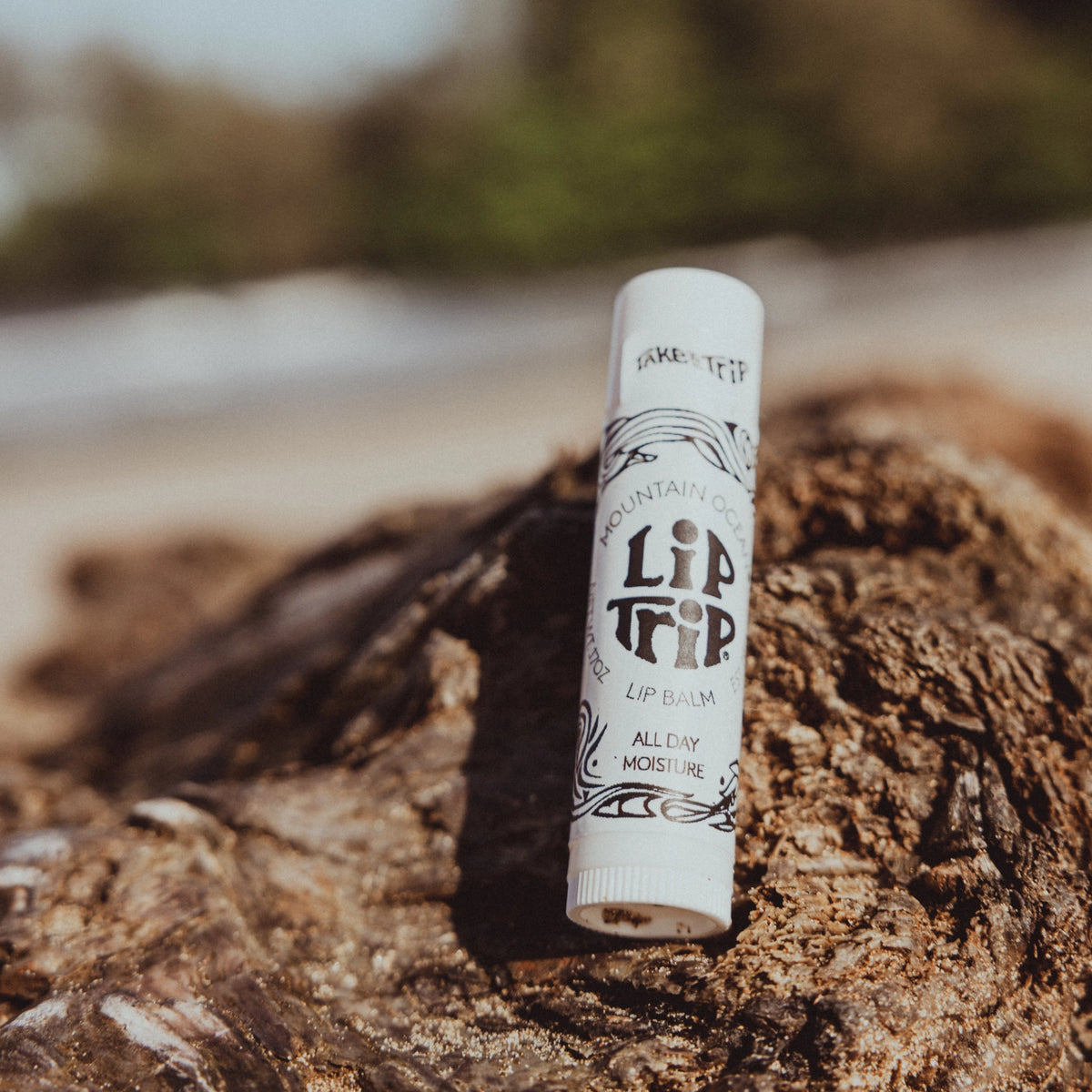 A tube of Faire Skin Trip Lip Balm stands upright on textured driftwood against a blurred natural background. The label says "All Day Moisture," highlighting the soothing, natural benefits of this lip balm.
