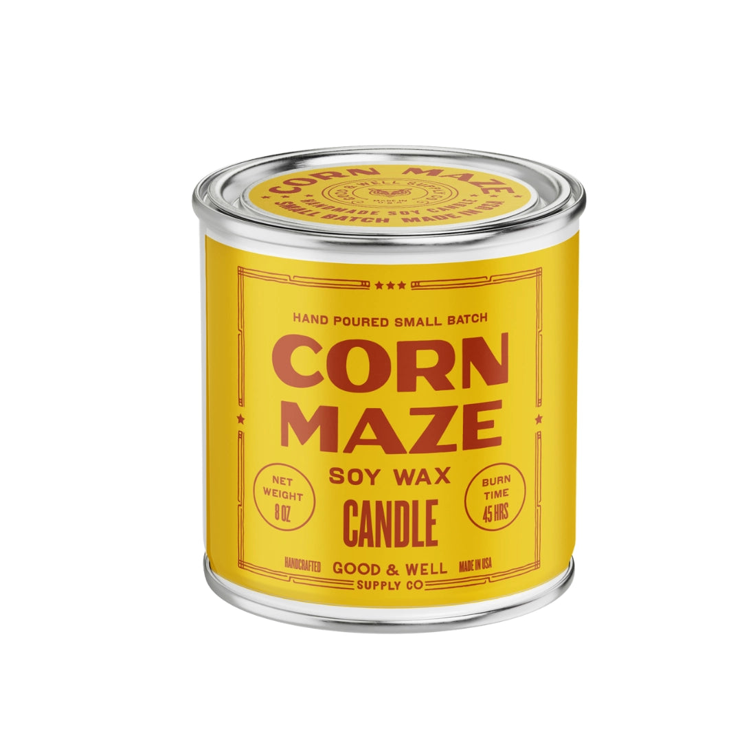Yellow tin Corn Maze soy candle from Faire, 9oz, evokes autumn with up to 45 hours of burn time.