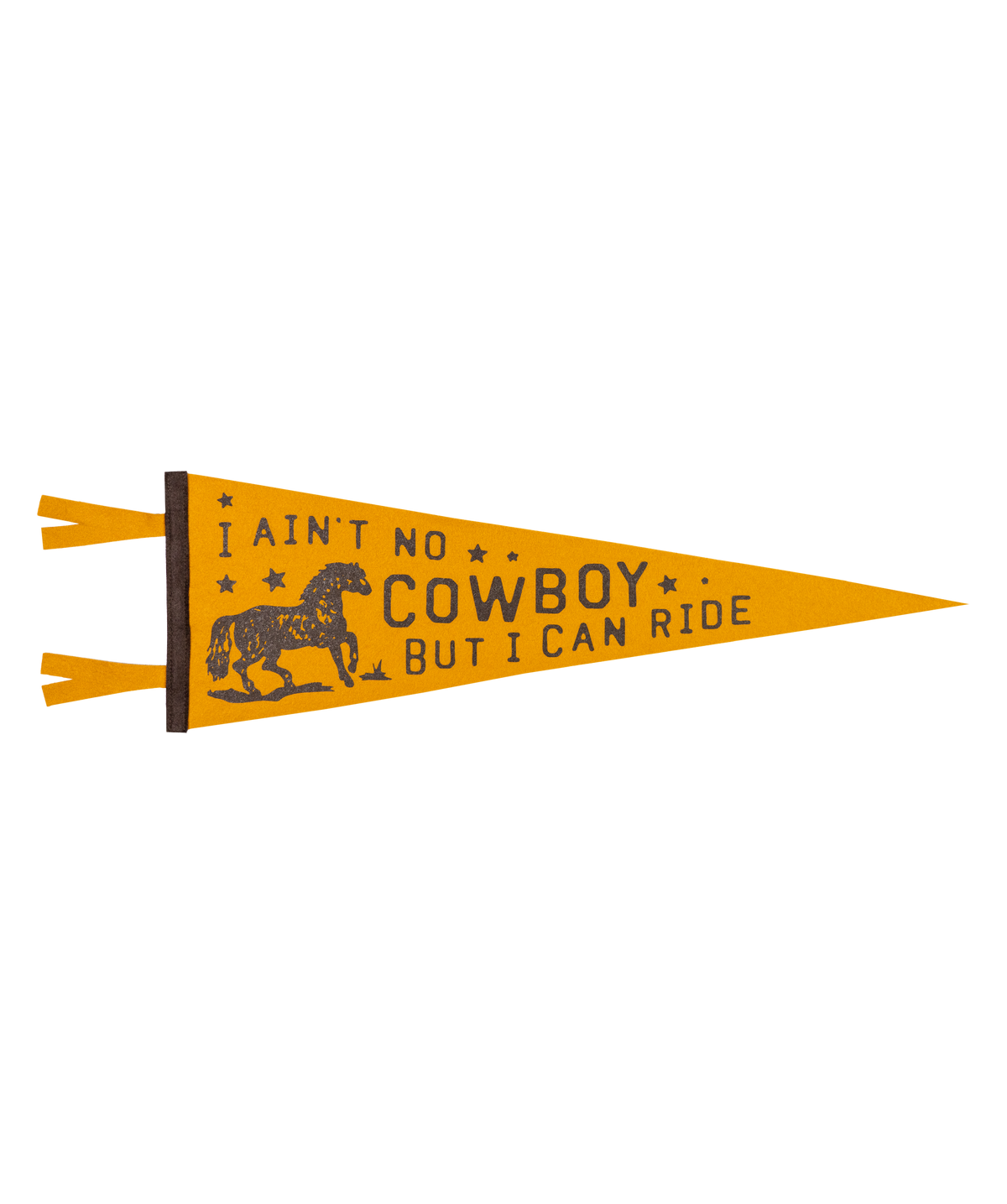 The Faire "I Ain't No Cowboy Pennant" features gold felt, black text saying "I ain't no cowboy but I can ride," a hand-drawn horse, stars, and pays tribute to Jason Isbell.