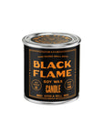 Black tin candle with orange text, Faire Black Flame Soy Candle, 8 oz, perfect for modern home decor.