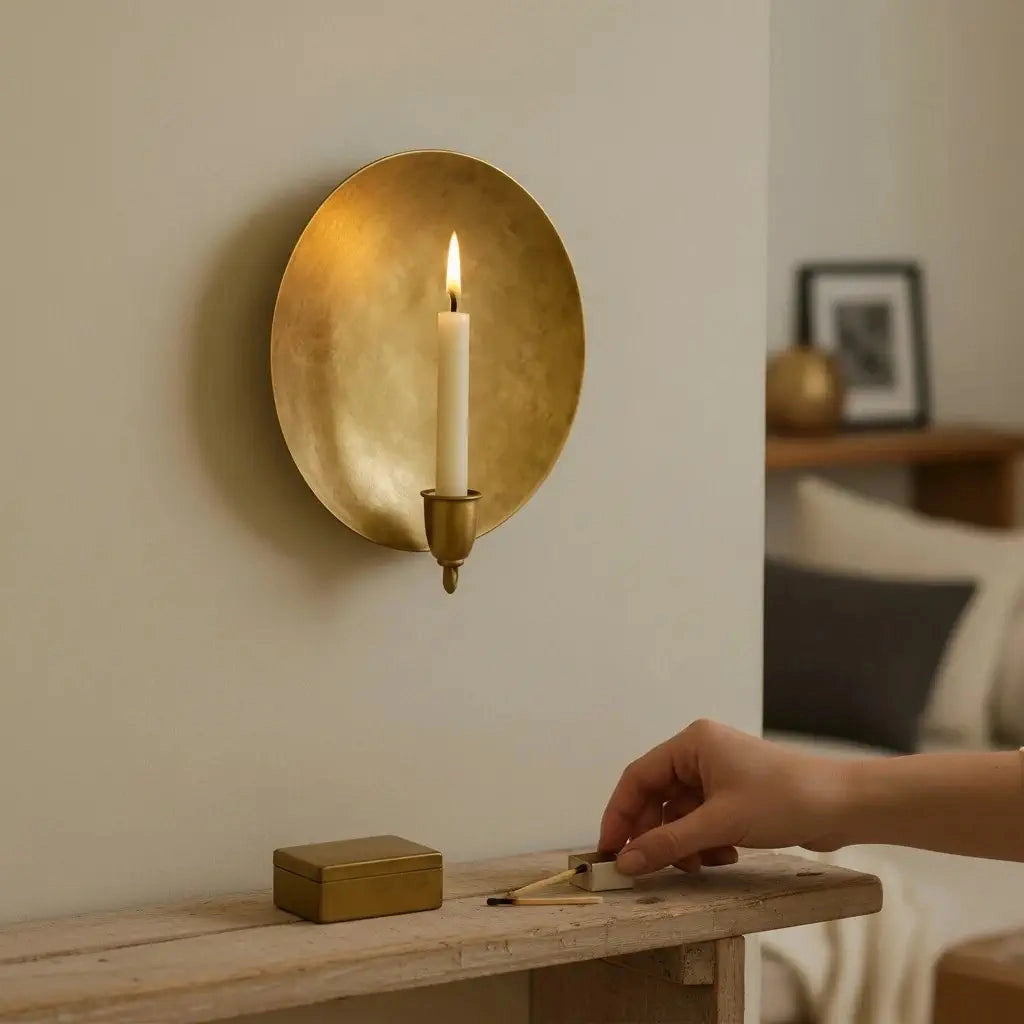 Brass wall candle sconce from Bungalow Furniture on mantel, lit with a match from a hand-held matchbox.