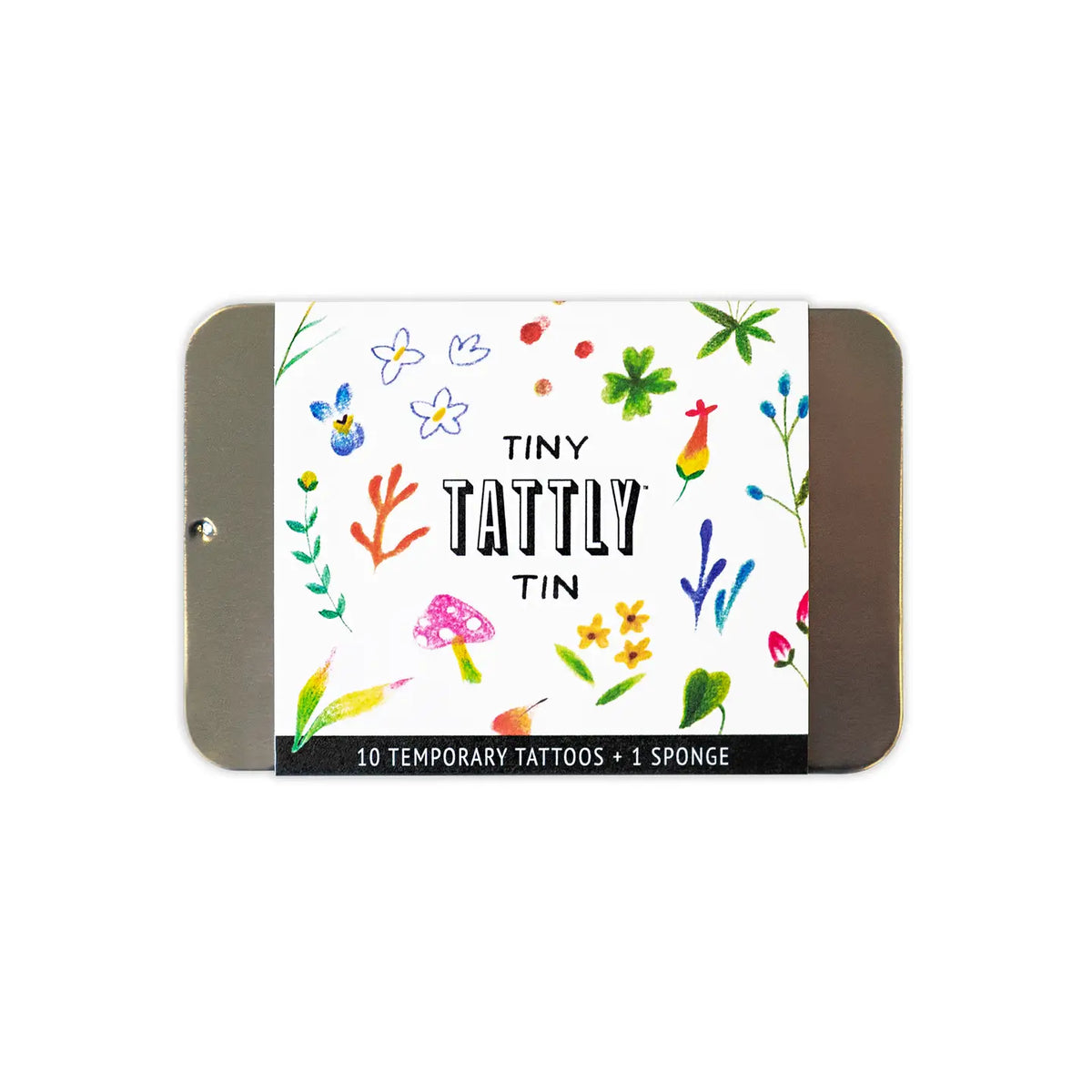 The Tattly Tattoo Tin by Faire is a reusable rectangular slide-top tin featuring colorful plant, flower, and mushroom designs. Inside, you'll find 10 Tattly Temporary Tattoos and an application sponge.
