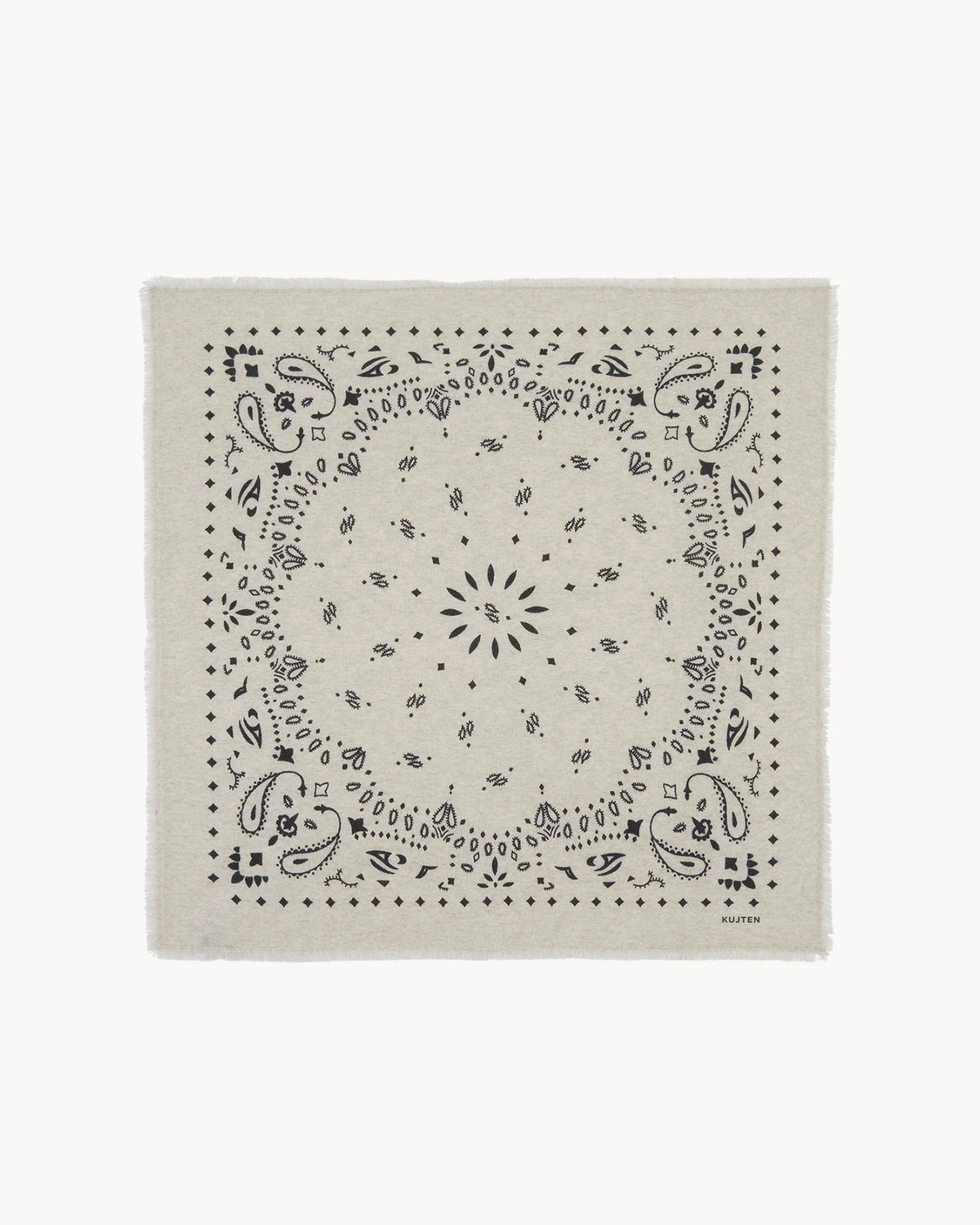 Cream scarf with black paisley pattern and fringed edges, KUJTEN Hachiko in Avoine, cashmere-inspired print.