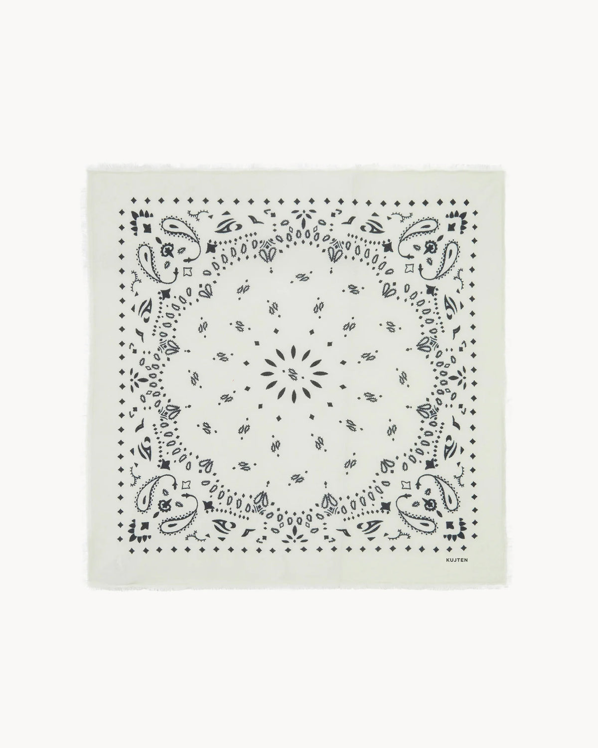 White scarf with black paisley and floral print, KUJTEN Hachiko in Blanc, cashmere-style accessory.