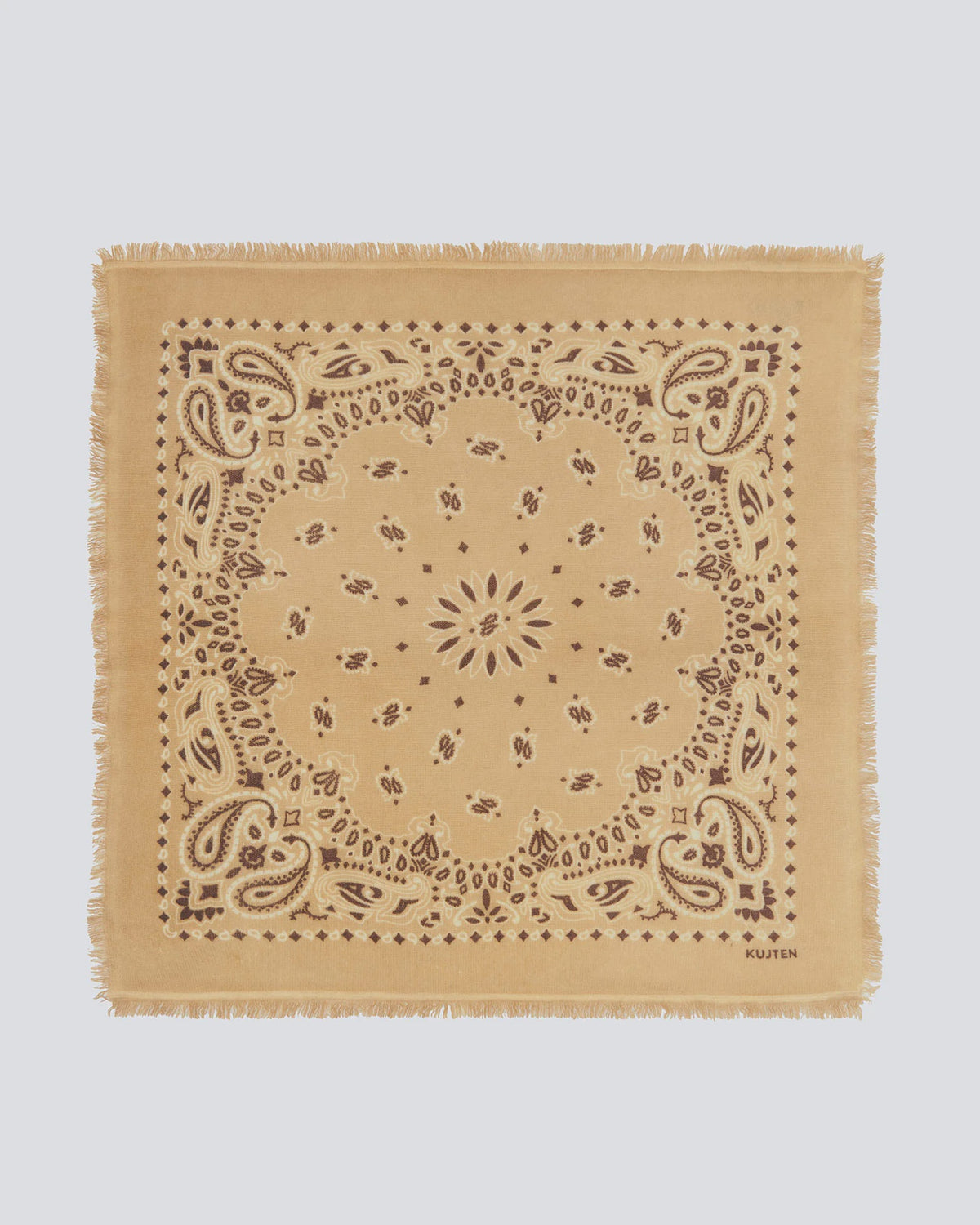 Tan cashmere bandana with brown paisley pattern and fringed edges by KUJTEN, Hachiko Bico.