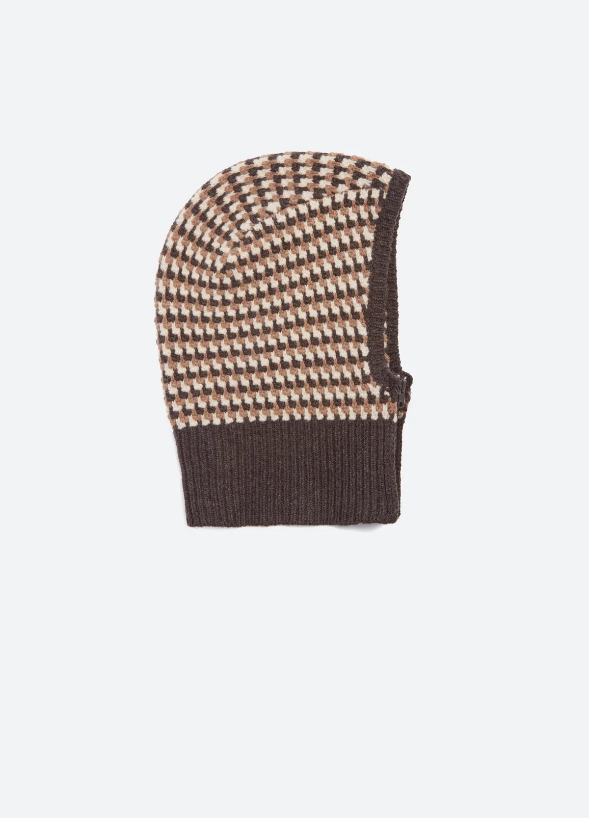 Brown, beige, and cream checkered merino wool balaclava by Sea New York, cozy cold-weather accessory.