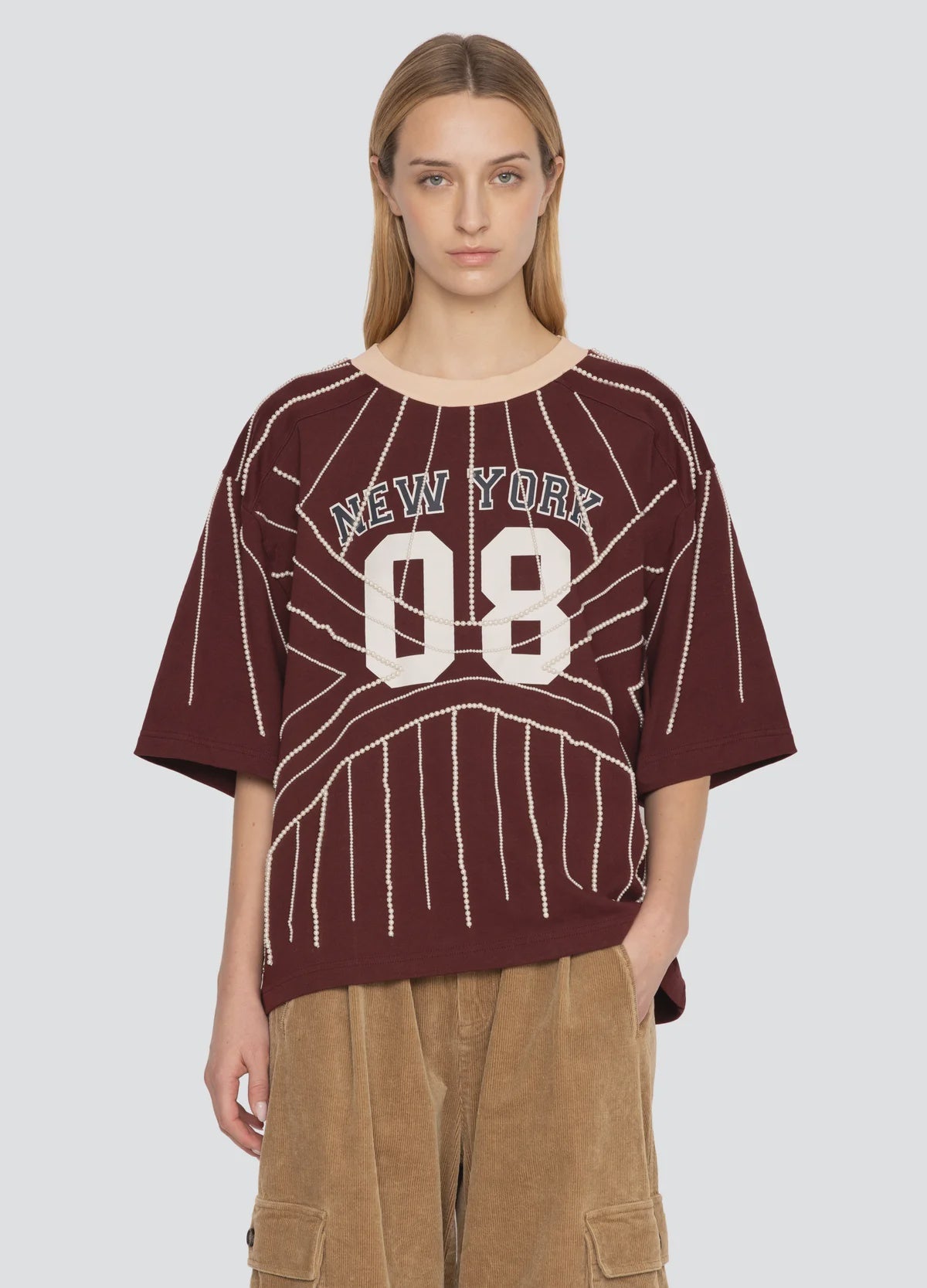 Maroon varsity-style Quinn Emb Beaded T-shirt featuring pearl-beaded pinstripes and New York 08 text.