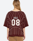 Maroon short-sleeve varsity T-shirt with white pearl beading and SEA 08 on the back, Quinn Emb Beaded T-shirt.