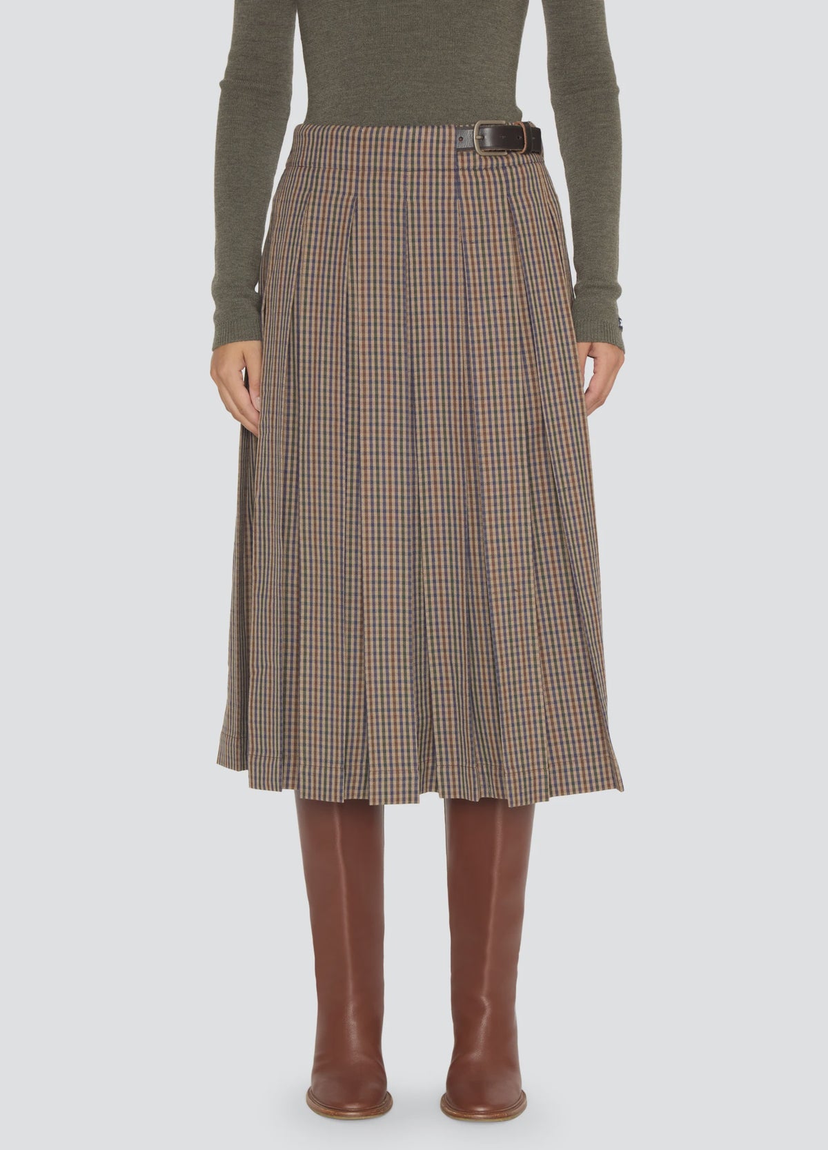High-rise pleated midi skirt in brown and blue wool plaid with side buckle, Julia Plaid Midi Skirt by Bungalow.