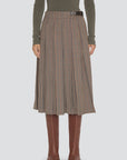 High-rise pleated midi skirt in brown and blue wool plaid with side buckle, Julia Plaid Midi Skirt by Bungalow.