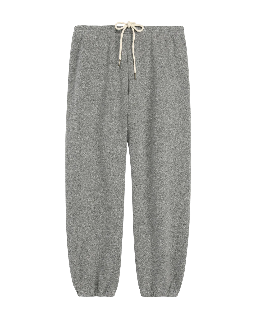 Dark heather grey fleece stadium sweatpants by The Great Inc. featuring an elastic drawstring waistband and cuffed ankles.