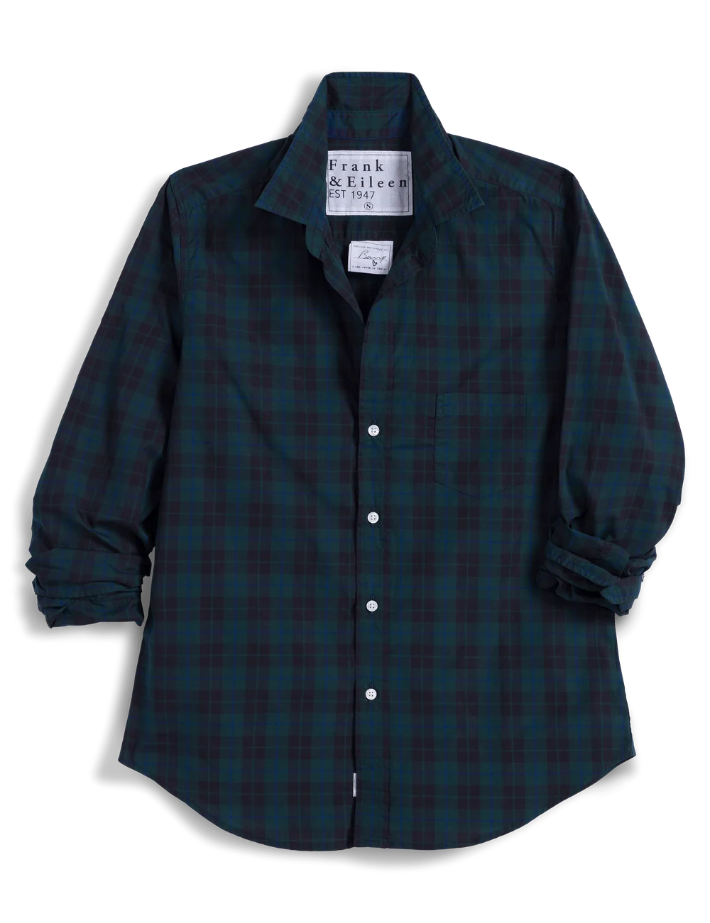 Dark green and navy plaid tailored button-up shirt with rolled cuffs, Frank & Eileen Barry, Italian cotton.