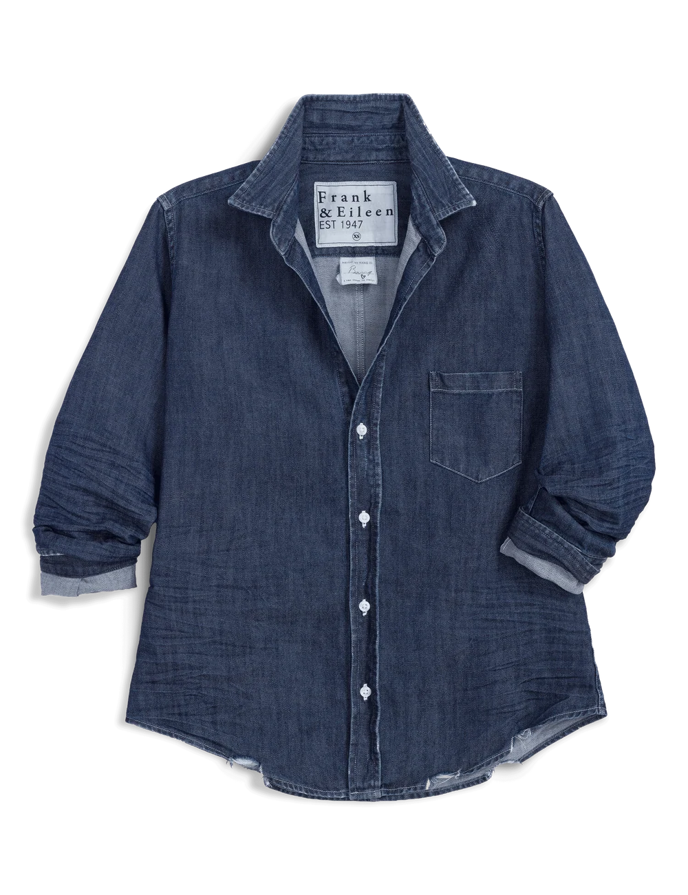 Dark wash Italian cotton denim button-up shirt with long sleeves and a pocket by Frank &amp; Eileen BARRY.