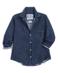 Dark wash Italian cotton denim button-up shirt with long sleeves and a pocket by Frank & Eileen BARRY.