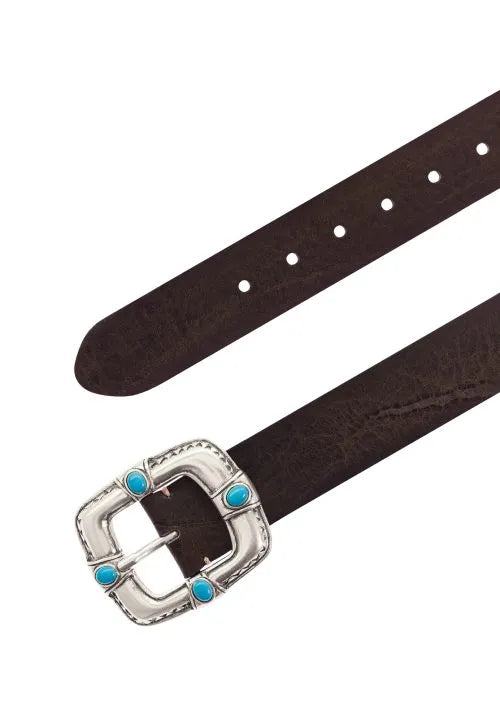 Brown leather belt with silver buckle and turquoise stones by B.Belt, Pansy style, 20mm.