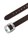 Brown leather belt with silver buckle and turquoise stones by B.Belt, Pansy style, 20mm.
