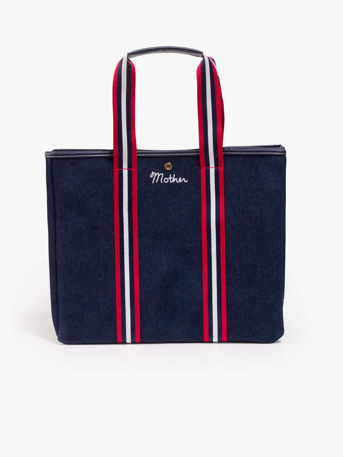 Navy cotton tote with red, white, and black striped handles, Mother embroidery; by The Everywhere for Bungalow Furniture.