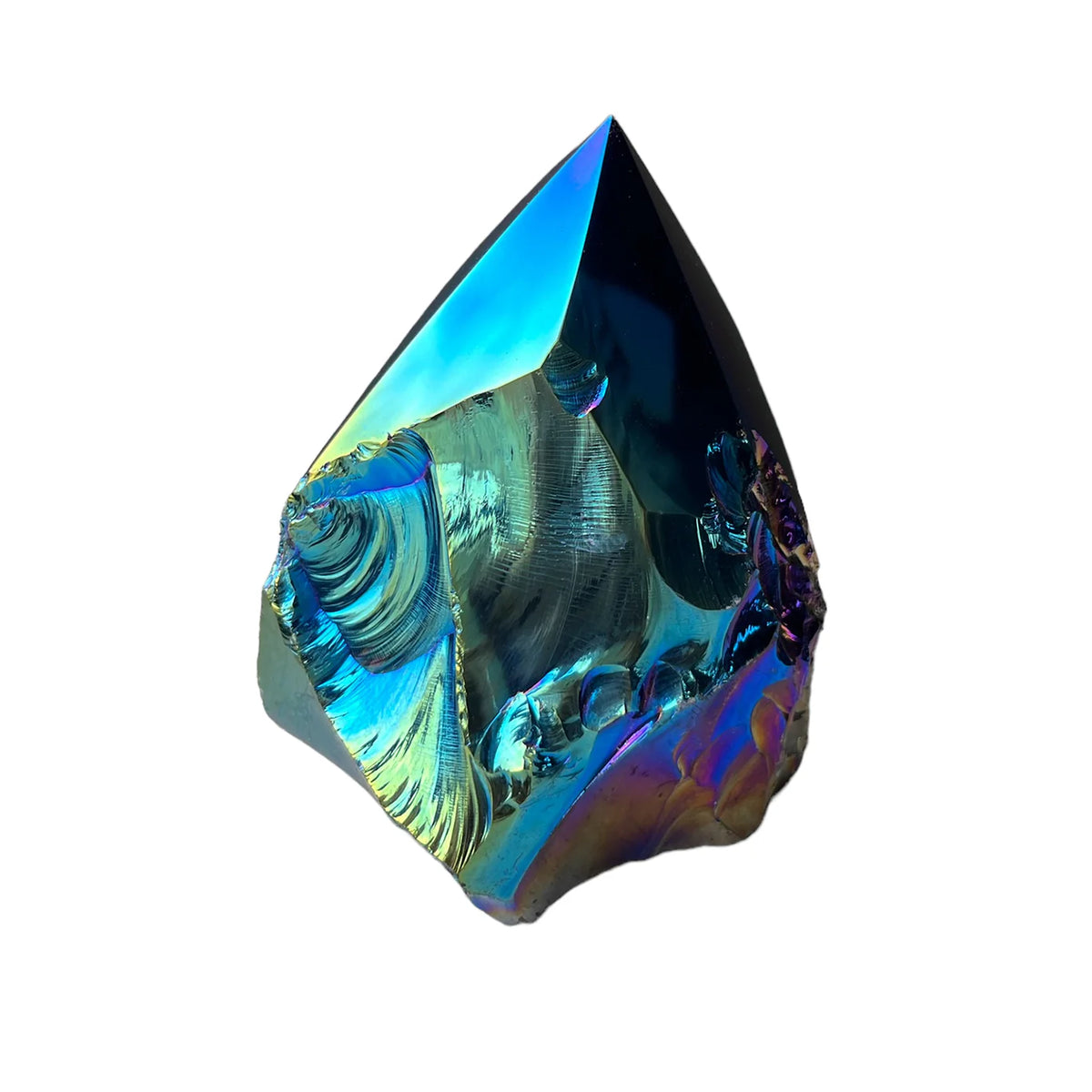 The Blue Ocean Traders Aura Black Obsidian Point is a polished sculptural crystal with glossy surfaces and subtle blue, green, and purple sheen—an artful mineral display set against a white background.