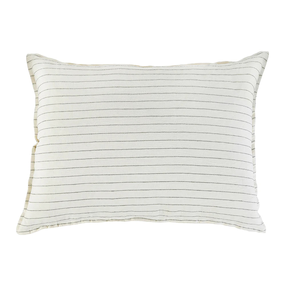 Belonging to the Blake Linen Collection, this rectangular pillow by POM POM features a white fabric adorned with thin, evenly spaced horizontal black stripes. The interwoven stripe design adds subtle texture, and it is set against a plain white background.