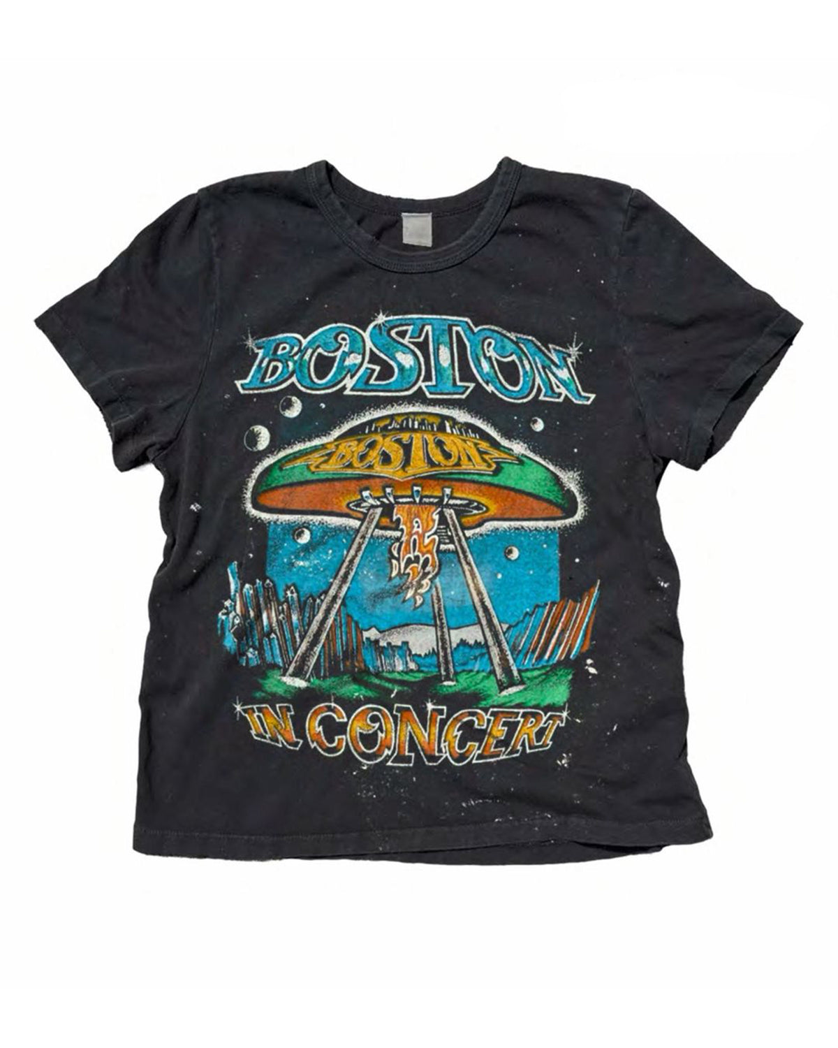 Black Made Worn Boston crop tee featuring a vintage-style concert graphic with a spaceship and planet scene.