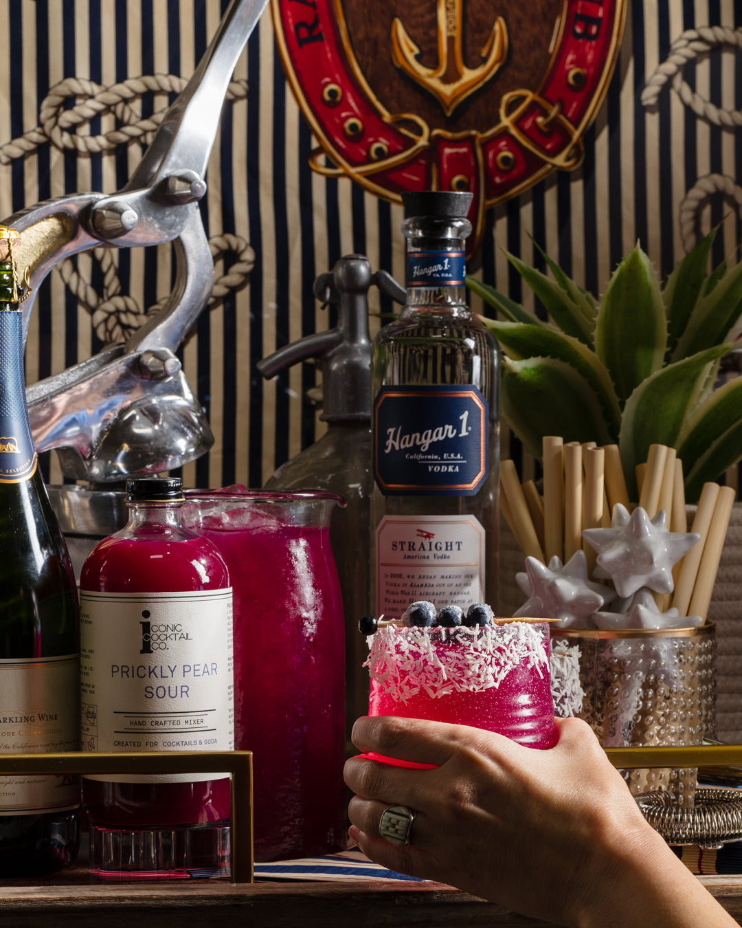 Pink cocktail with blueberries and coconut, festive décor in the background, styled for Bungalow Furniture & Accessories.