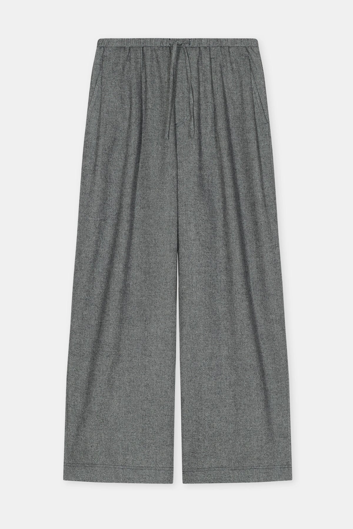 Gray relaxed fit wide leg trousers with elastic waistband and drawstring by CLOSED, displayed on white background.