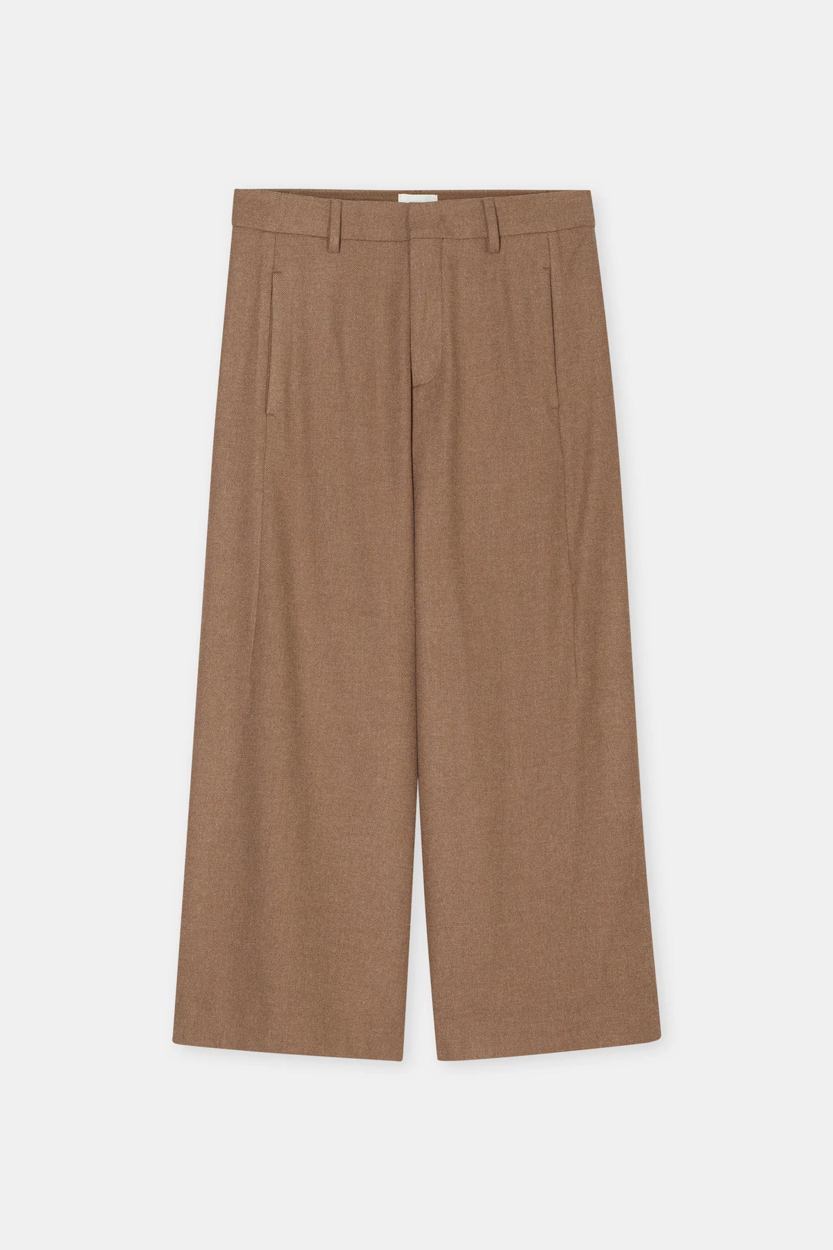 Brown flannel wide-leg cropped trousers with front pleats and belt loops, CLOSED Wren Pant.