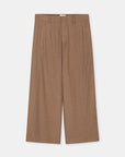 Brown flannel wide-leg cropped trousers with front pleats and belt loops, CLOSED Wren Pant.