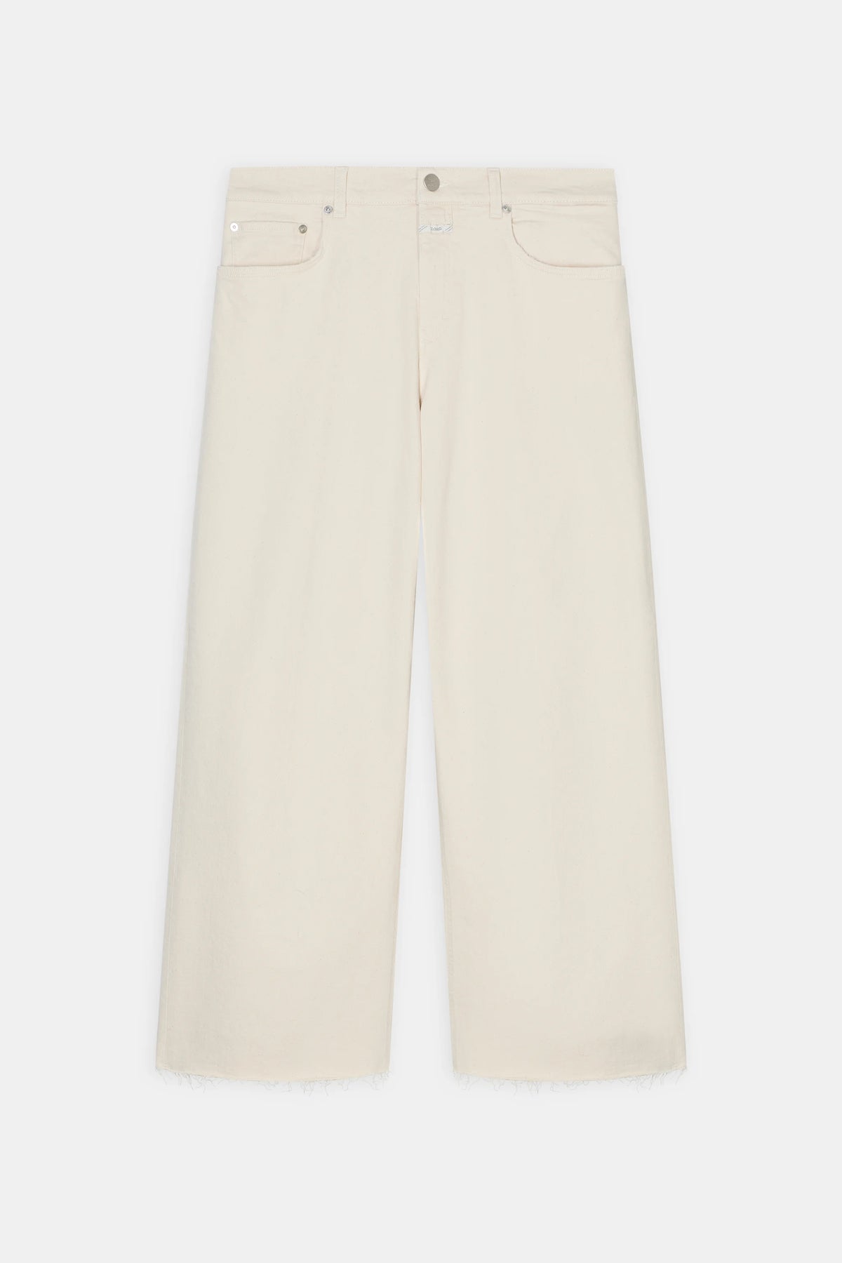 The Jayla Denim jeans by CLOSED feature a wide-leg, high-waisted ecru design with frayed hems, five pockets, and a button fly, shown laid flat on a white background.