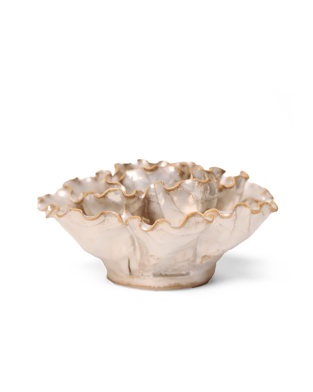 The Faire Sea Lettuce Large Pearl Flower is a handcrafted ceramic bowl with a ruffled edge and glossy off-white glaze accented by golden highlights—ideal for boho faux greenery or pairing with ceramic flower wall decor.
