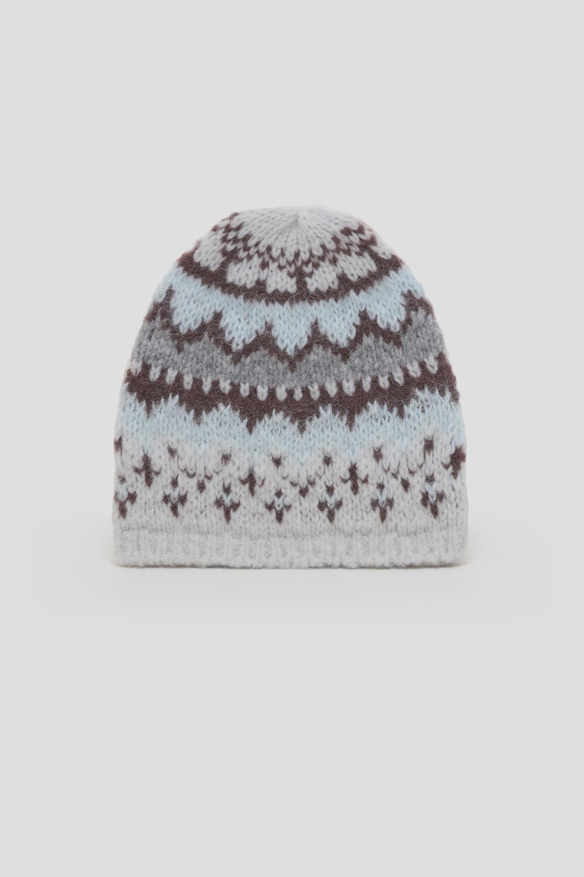 Gray knit beanie with blue and brown geometric pattern by CLOSED, crafted using an exclusive technique.
