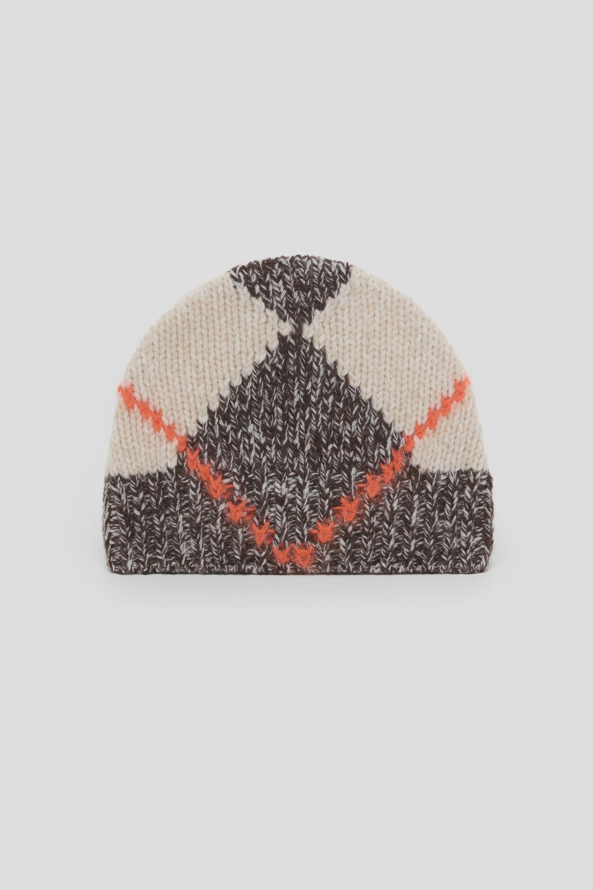 Knit wool argyle hat in black, cream, and orange by CLOSED, shown flat on a light background.