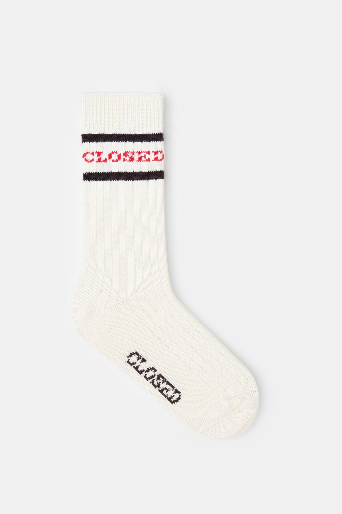 White ribbed socks with black and red stripes, CLOSED logo, cotton blend, reinforced heel and toe.