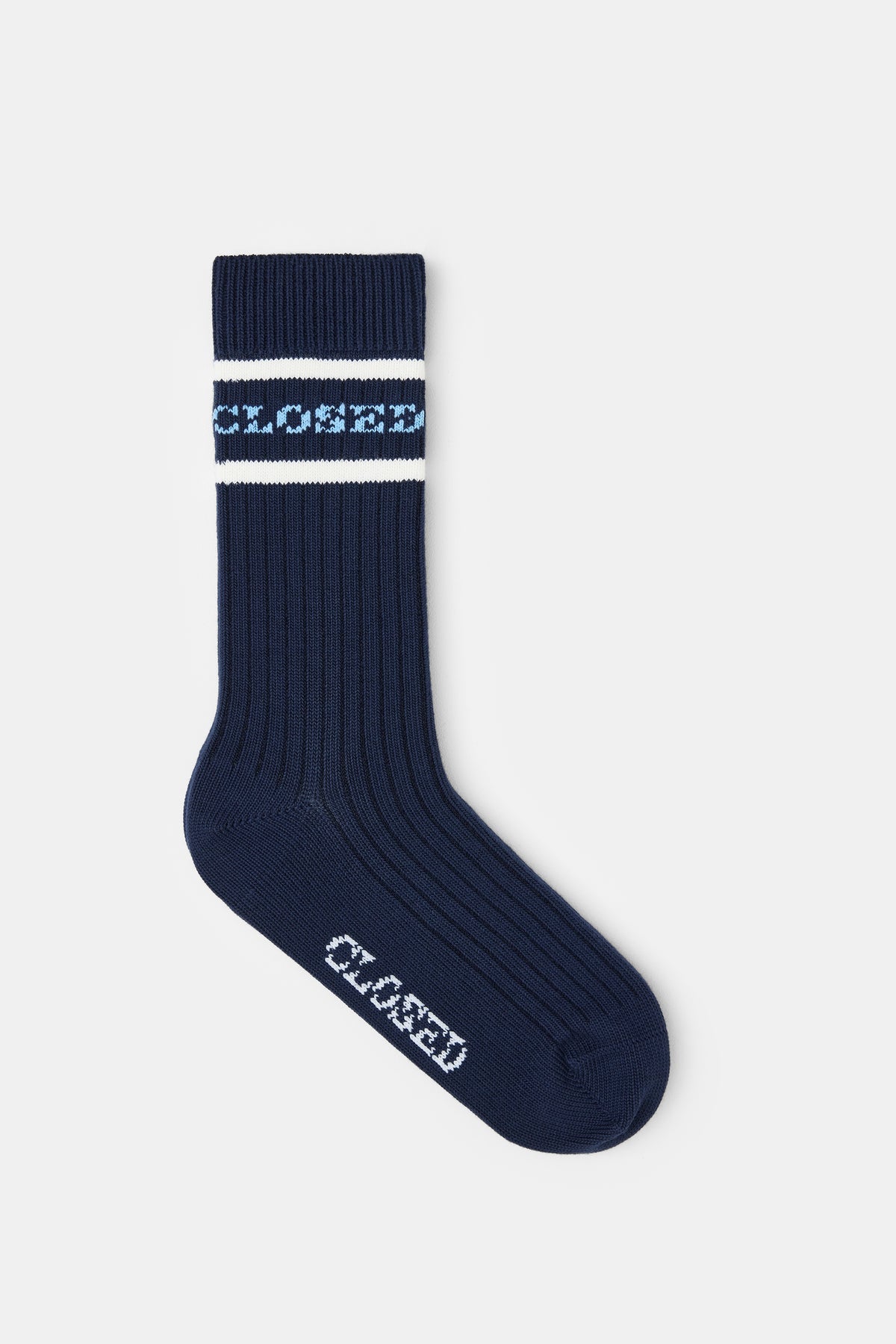 Navy ribbed cotton socks with white stripes and CLOSED logo on cuff and foot, by CLOSED.