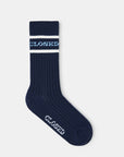 Navy ribbed cotton socks with white stripes and CLOSED logo on cuff and foot, by CLOSED.
