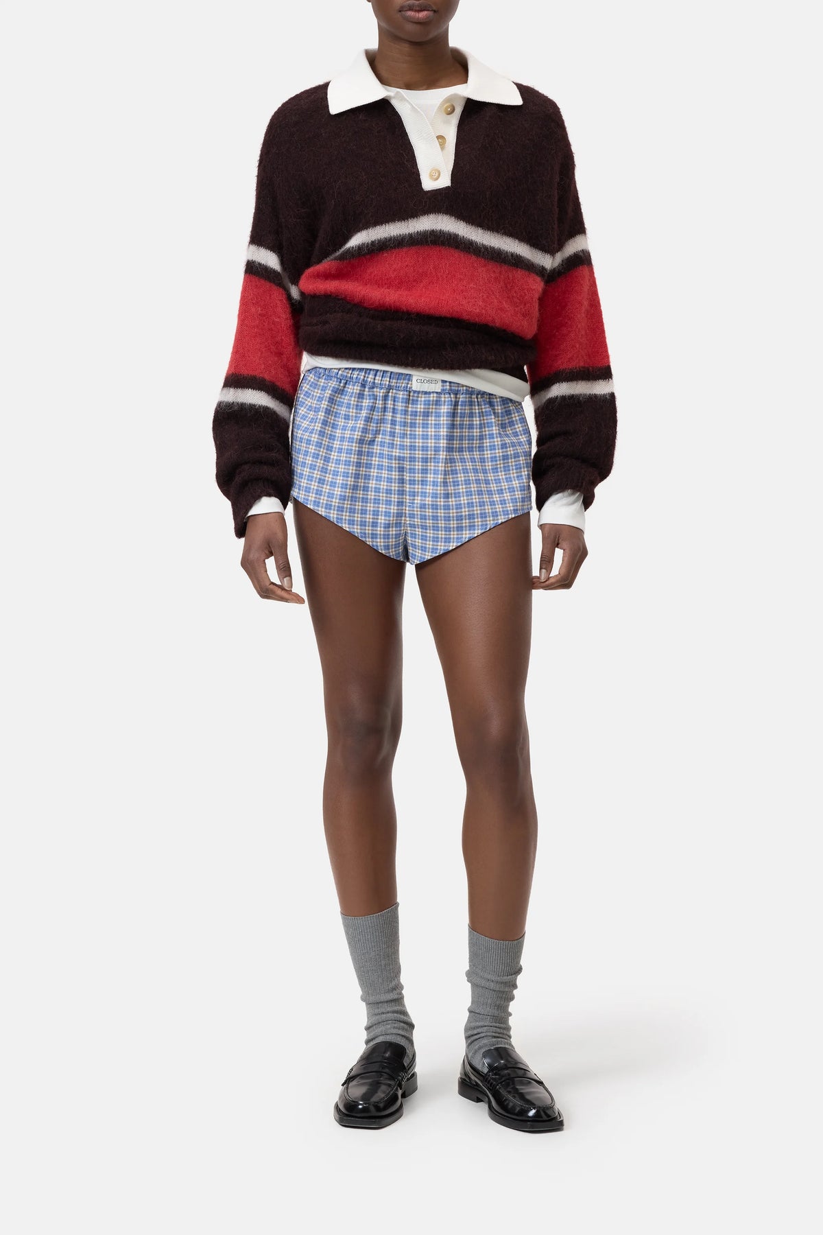 CLOSED Boxer Pantie in Storm Blue with striped sweater, gray socks, and black shoes on white background.