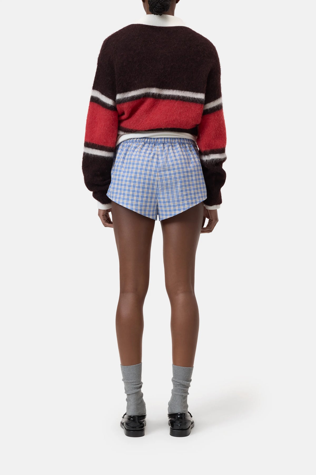 CLOSED Boxer Pantie in red stripes, styled with gray socks and black shoes, Bungalow Furniture &amp; Accessories.