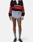 CLOSED Boxer Pantie in Storm Blue with striped sweater, gray socks, and black shoes on white background.