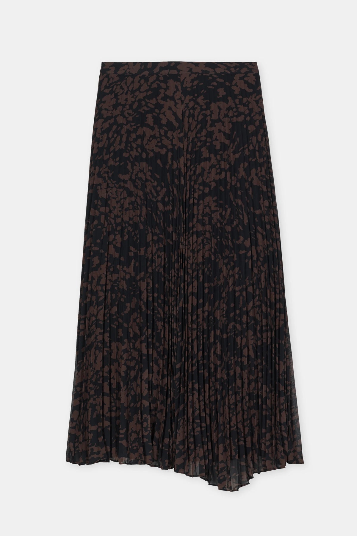 Black pleated skirt with sunray folds, asymmetrical hem, and brown abstract print by CLOSED.