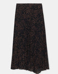 Black pleated skirt with sunray folds, asymmetrical hem, and brown abstract print by CLOSED.