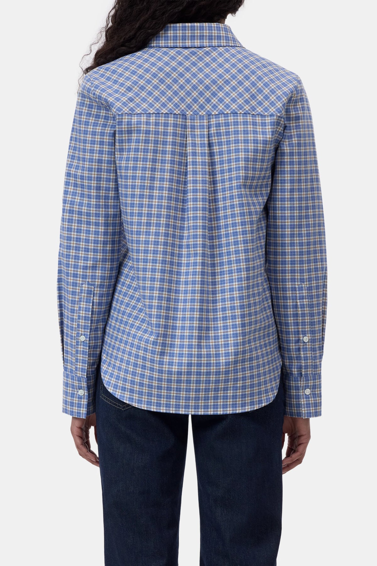 Checked cotton-lyocell shirt by CLOSED in regular fit, back view with dark jeans on plain background.