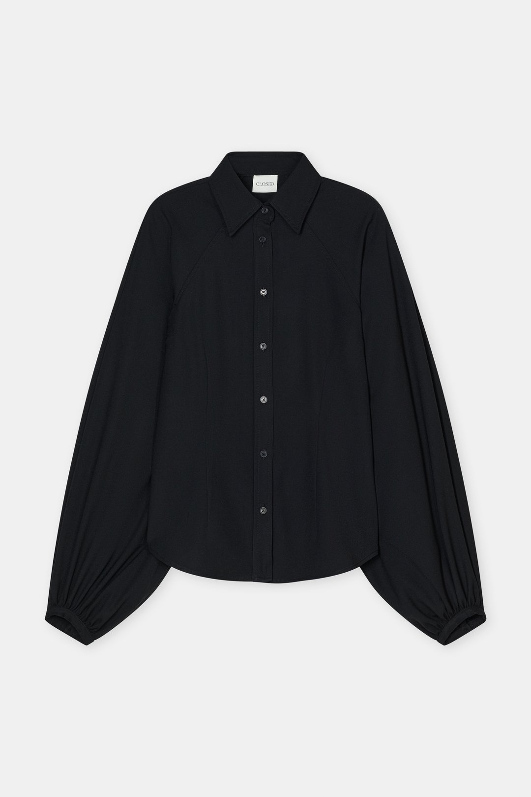 Black wool-blend raglan shirt with balloon sleeves and gathered cuffs by CLOSED, shown on white background.