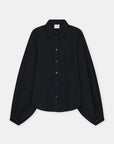 Black wool-blend raglan shirt with balloon sleeves and gathered cuffs by CLOSED, shown on white background.