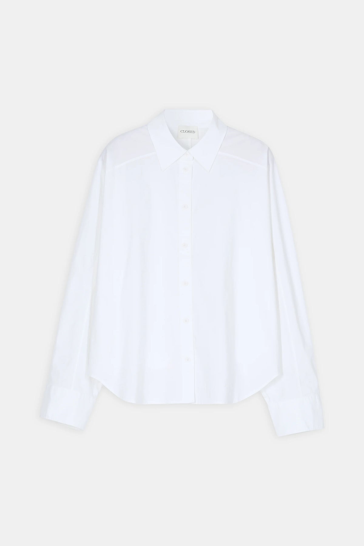 White cotton long-sleeve shirt with subtle embroidery, pointed collar by CLOSED. Perfect for a modern, minimalist look.