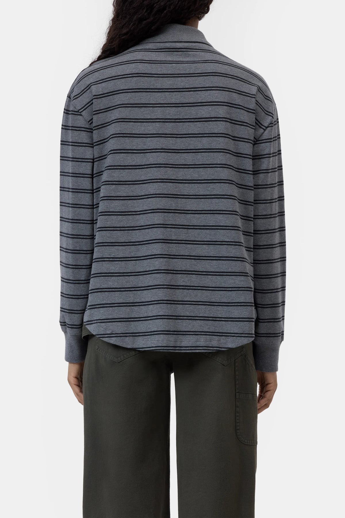 CLOSED long sleeve polo shirt in dark color, back view, modern minimalist style, Bungalow Furniture &amp; Accessories.
