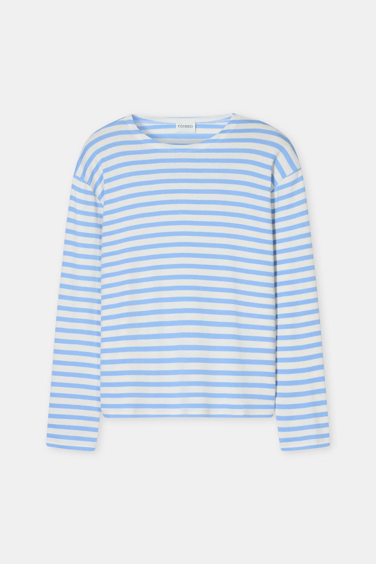 The CLOSED Basic Long Sleeve Tee is made from soft modal cotton with light blue and white stripes, a crew neckline, and a relaxed fit.