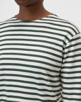A person wearing CLOSED's Basic Long Sleeve Tee in white with dark green horizontal stripes, shown from shoulders to upper chest, stands against a plain light background.