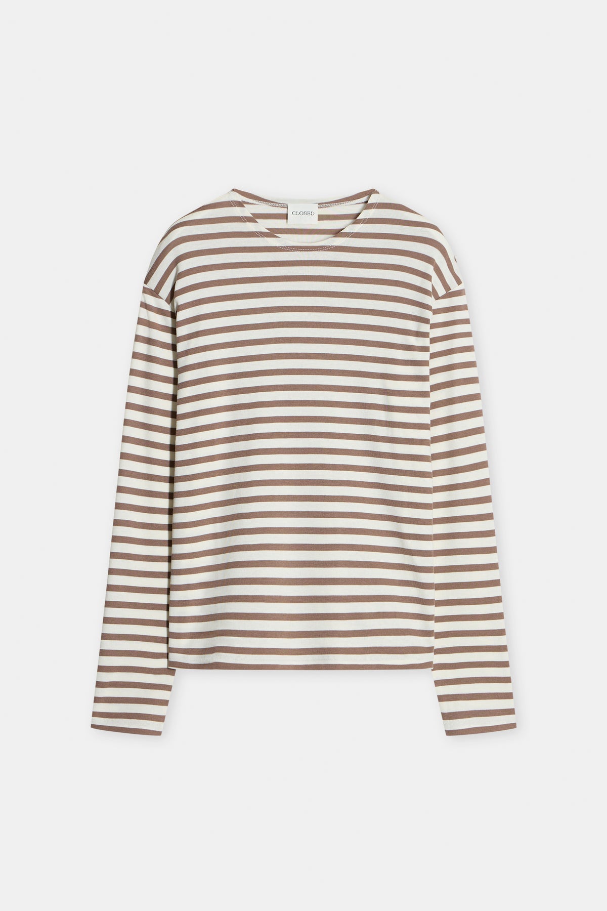 Hazel beige long sleeve tee, CLOSED brand, cotton blend, laid flat on white background.