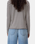 Black and white striped long sleeve tee by CLOSED with light blue jeans, shown from behind in a casual setting.